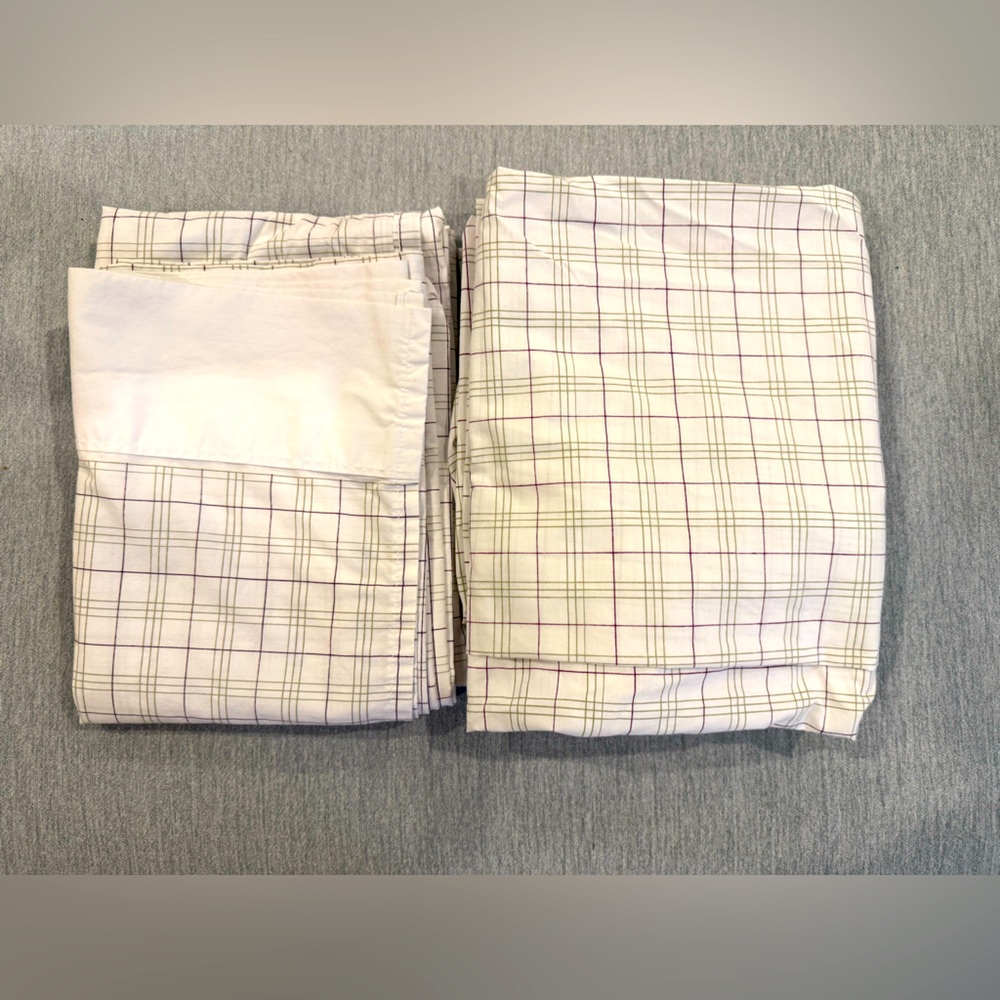 Plaid Twin Flat & Fitted Sheets White w/Purple & Green Stripe * No Pillowcase*